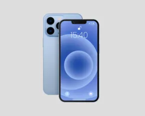 Two models of a smartphone mockup, one facing front showing its screen and one facing back to display the camera design, both with a blue finish. - PSD Mockup