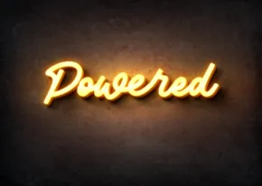 Neon sign mockup with the word "powered" illuminated against a dark background. - PSD Mockup