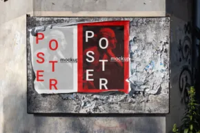Two worn posters on a wall, one with the word "mockup" in black on white and the other with the same word in white on red, both featuring a silhouette of a person. - PSD Mockup