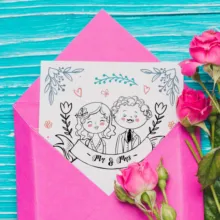 Illustrated wedding invitation template with floral decoration on a blue textured background alongside pink roses. - PSD Mockup