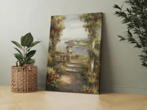 A mockup of an impressionist-style painting displayed on a wooden floor against a plain wall, accompanied by a potted plant to its left. - PSD Mockup