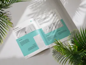 Open magazine mockup featuring a teal and white layout, laid on a surface with palm shadows and green foliage around. - PSD Mockup