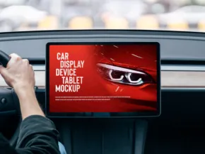 A driver views a car display tablet featuring a template showcasing a close-up image of a car's headlight. - PSD Mockup