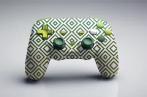 A video game controller mockup with a green geometric pattern design on a grey background. - PSD Mockup