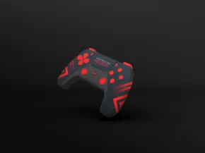 A red and black gaming controller mockup against a dark background. - PSD Mockup
