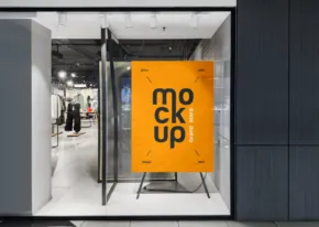 Modern retail shop entrance with a template banner for branding. - PSD Mockup