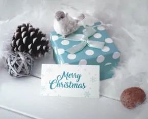  A festive holiday scene with a "merry christmas" card, a teal polka dot gift box, pine cone, bird ornament, and white fluffy decoration serves as an ideal mockup. - PSD Mockup
