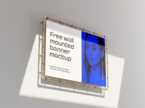 3d rendering of a wall-mounted banner template displaying an image of a woman's face within a modern frame. - PSD Mockup