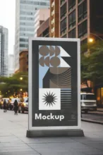 A city street ad kiosk displaying a black and white mockup, with modern buildings and pedestrians in the background. - PSD Mockup