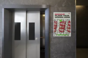 Elevator with a maximum capacity warning sign template posted next to the doors. - PSD Mockup