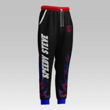 Black athletic pants with red and blue accents, and "speedy steve" text on the left leg, available in a mockup template. - PSD Mockup