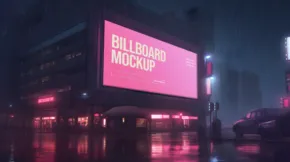Neon-lit city street at night with a large billboard template displaying text. - PSD Mockup