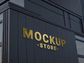 The sleek black building exterior features large gold letters spelling "MOCKUP STORE" on the side, creating a striking template for design inspiration. - PSD Mockup