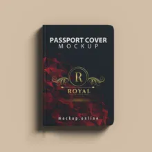 A black passport cover template with the word "royal" and a golden decorative emblem, displayed against a plain, light background. - PSD Mockup