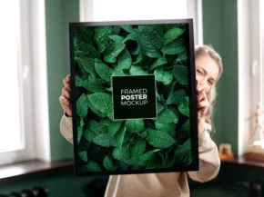Woman presenting a framed mockup of lush green leaves with a label stating "powered by plants" in a modern room. - PSD Mockup