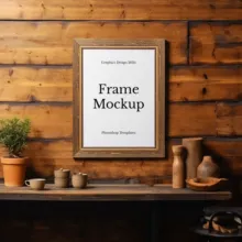 A picture frame template on a wooden wall with decorative items and a shelf below. - PSD Mockup