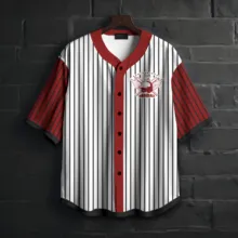 A baseball jersey mockup with red and white stripes hanging on a brick wall. - PSD Mockup
