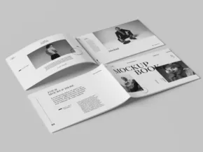 Open magazine template with black and white photography and minimalist design. - PSD Mockup
