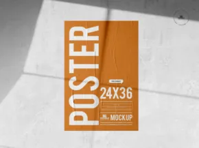 A template of an orange poster labeled "24x36" displayed on a concrete floor with distinct shadows cast over it. - PSD Mockup