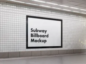 A blank subway template mockup displayed in a tiled station with white walls. - PSD Mockup