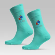 A turquoise socks with a blue and red logo mockup. - PSD Mockup
