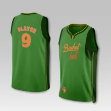 Two green basketball jersey mockups with orange trim, displaying "player 9" and a logo that reads "basketball" on the front. - PSD Mockup