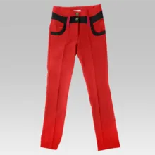 Red pants mockup with black trim and a button closure. - PSD Mockup