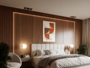 Modern bedroom template with a large bed, wooden wall panels, abstract art, and bedside lamps. - PSD Mockup