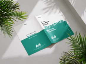 An open brochure mockup with teal and white design resting on a surface with shadows from fern leaves. - PSD Mockup