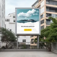 A billboard with an advertisement template featuring a mountain landscape, titled "dreaming holiday," stands between urban buildings. - PSD Mockup