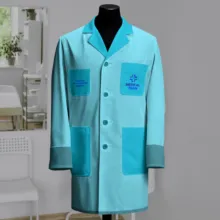 Aqua-colored medical lab coat template displayed on a mannequin. - PSD Mockup