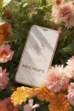 Smartphone lying amidst pink and yellow flowers displaying a mockup screen. - PSD Mockup