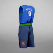 Blue basketball uniform mockup with the number 9 and a team emblem on the shorts. - PSD Mockup
