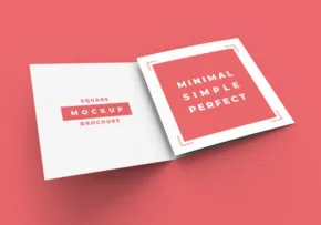 An open booklet mockup with a minimalistic design on a coral background. - PSD Mockup