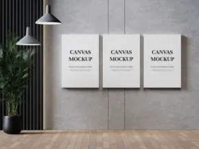 Three framed canvas templates displayed on a wall in a modern interior setting. - PSD Mockup