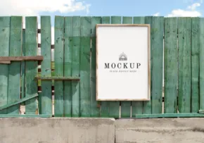 A weathered green wooden fence with a framed sign displaying the word "template" mounted in the center. - PSD Mockup
