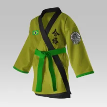 A green and black martial arts gi mockup with a Brazilian flag patch and a black belt displayed on a grey background. - PSD Mockup