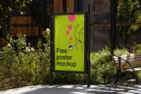 Outdoor billboard showcasing a green template with pink dots and the text "free mockup" next to a park bench. - PSD Mockup