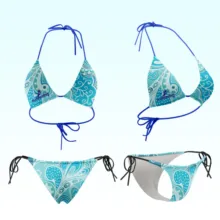 Three mockup bikinis with blue and white designs on them. - PSD Mockup