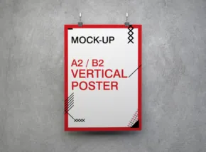 A vertical mockup template hangs on a gray wall, displayed within a red border and labeled with grid lines and sizing text. - PSD Mockup