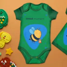 Green baby onesie mockup with a cartoon bee design surrounded by colorful cookies on an orange background. - PSD Mockup