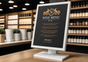 Digital menu board template displaying a "dinner menu" inside a cozy restaurant with shelves of bottles in the background. - PSD Mockup