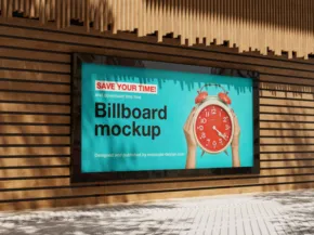 A graphic billboard template featuring an image of an alarm clock, displayed on the exterior of a wooden building. - PSD Mockup