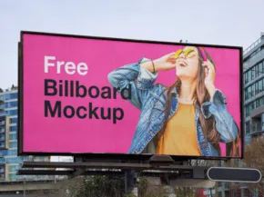 Digital billboard displaying a template advertisement featuring a woman in a denim jacket touching her sunglasses, with text "free billboard template". - PSD Mockup