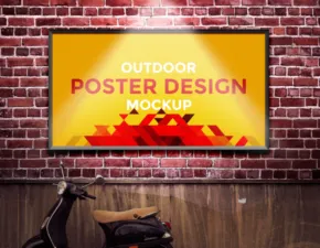 A template of an outdoor poster design displayed on a brick wall, with a bicycle parked below it. - PSD Mockup