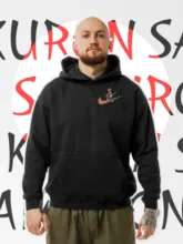 A man wearing a black hoodie with the words kurn shiro in a mockup template. - PSD Mockup