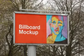 Billboard template with a red and blue section, the left side reads "billboard mockup" and the right side features a colorful illustrated portrait of a woman. - PSD Mockup