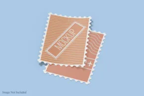 Two overlapping postage stamps mockup on a blue background. - PSD Mockup