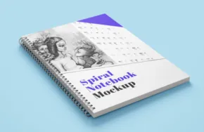 A spiral-bound notebook mockup featuring a sketch of two people on the cover, titled "natural sketch template," placed on a light blue background. - PSD Mockup
