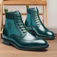 A pair of polished green leather boots with high ankle fabric support and lace-up fronts, displayed on a wooden floor near a bench as a mockup. - PSD Mockup